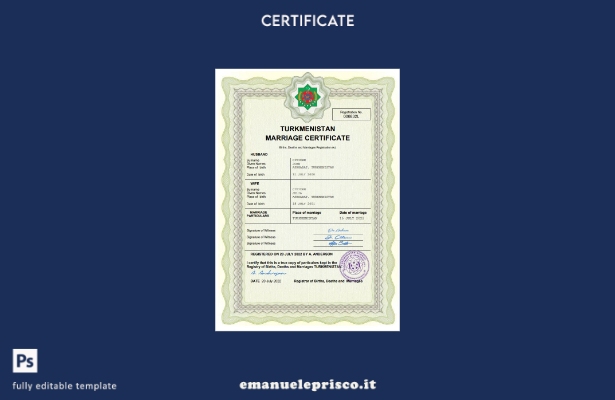 certificato di matrimonio del Turkmenistan in stile verificato modello Word e PD